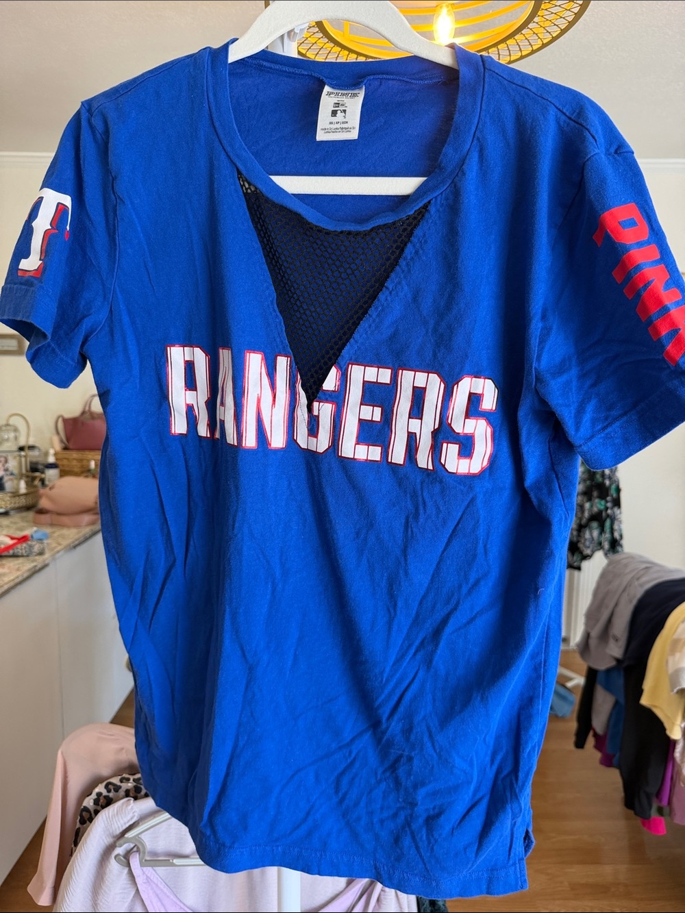 PINK Victoria's Secret Blue 'RANGERS' Short Sleeve Tee with Mesh Inset